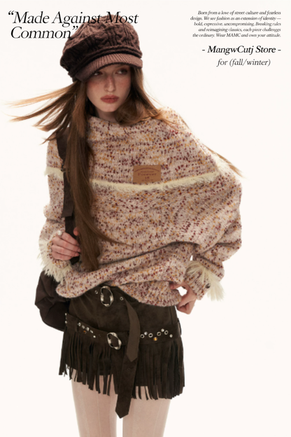 MAMC - Beige Slouchy Textured Off-Shoulder Turtleneck Sweater