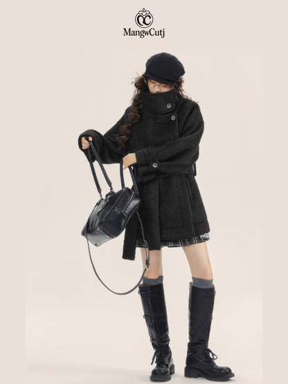 EPTISON - Minimalist Belted Wool Overcoat with Stand Collar – Grey & Black