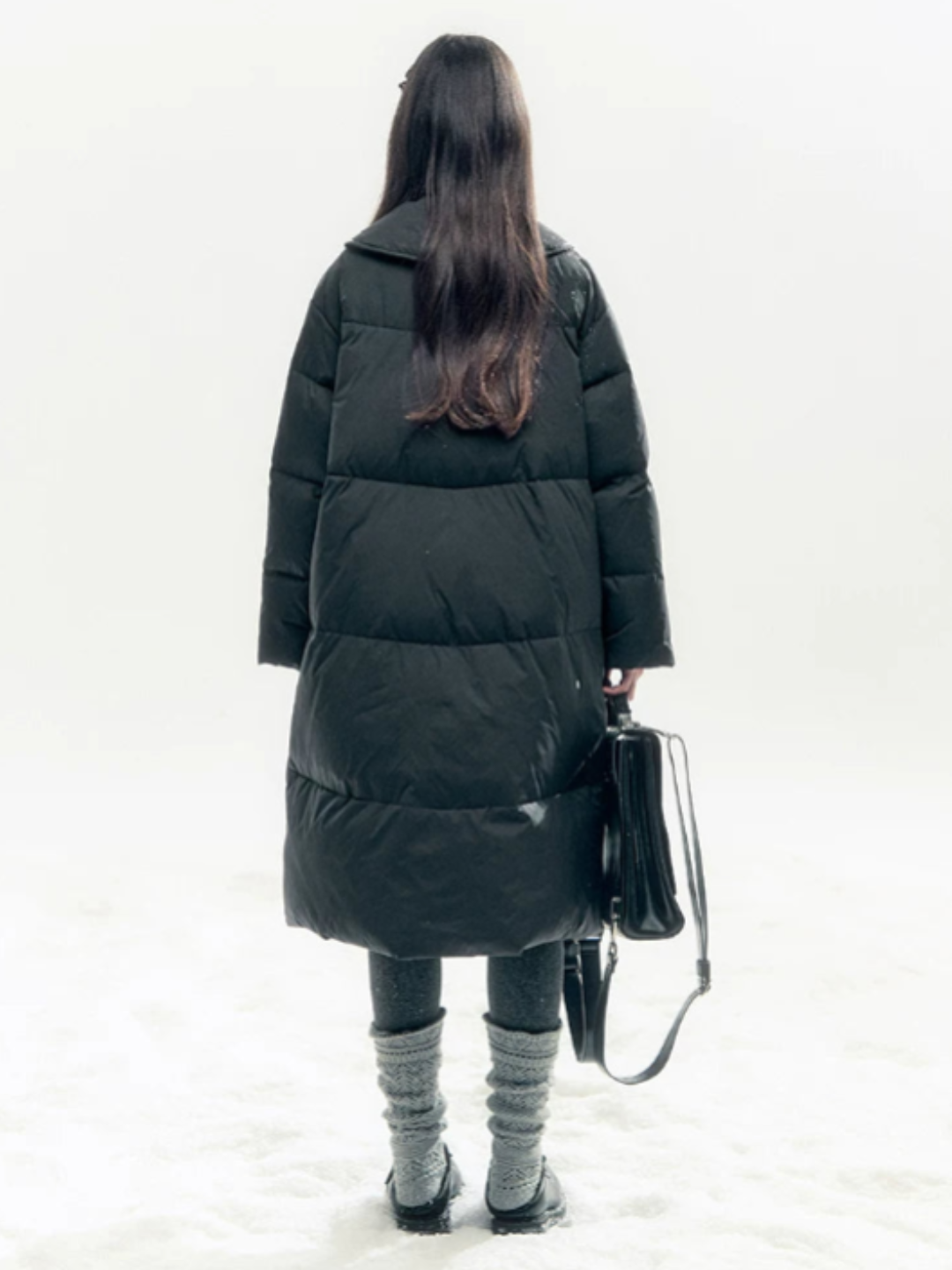 "Starry Night Little Witch" Black Long Down Coat with Detachable Bunny Bow Collar