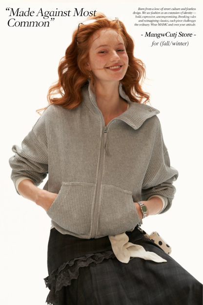 MAMC - Gray Textured Knit Cropped Jacket with Adjustable Snap Collar