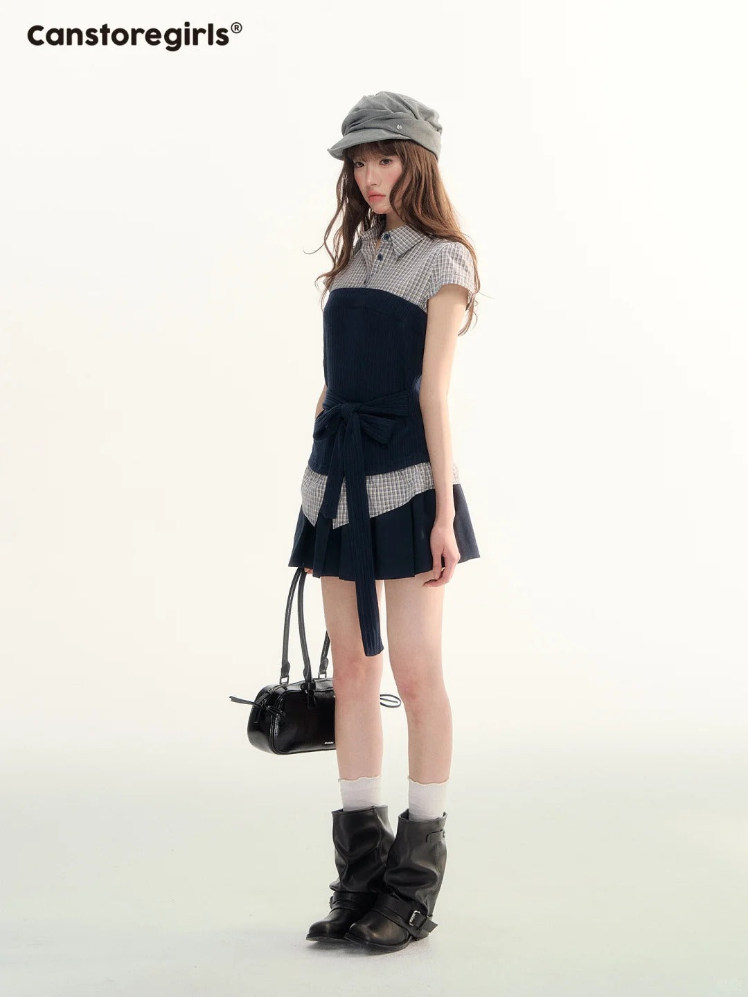 Pastel Plaid Knit Shirt & A-Line Puffy Skirt Set LL2026112