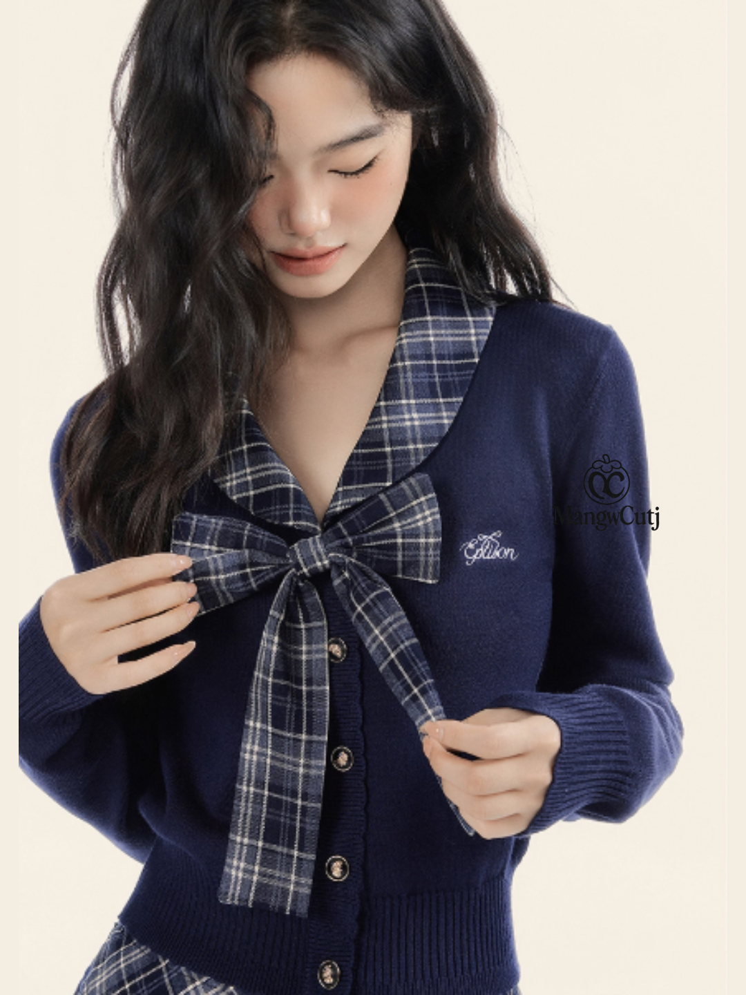 EPTISON - Academia-Inspired Two-Piece Set with Removable Plaid Collar and Skirt