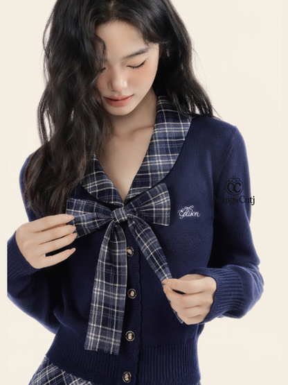 EPTISON - Academia-Inspired Two-Piece Set with Removable Plaid Collar and Skirt