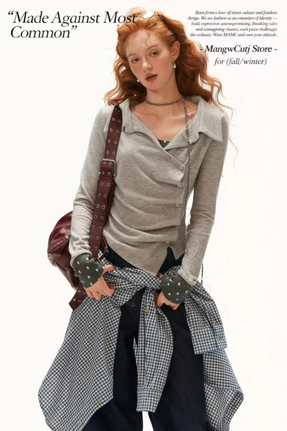MAMC - Gray Star-Print Layered Polo Collar Long Sleeve Top