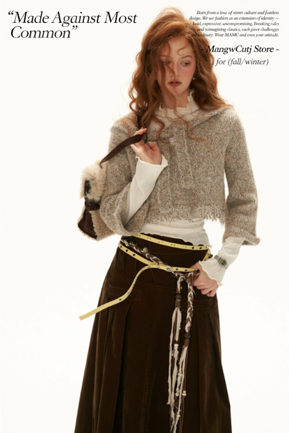 MAMC - Khaki Textured Hooded Knit Sweater with Flare Sleeves
