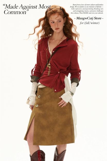 MAMC - Textured Wrap-Front Henley Waist-Defined Cardigan Top (Red / Brown)