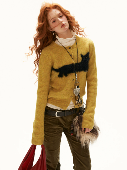 MAMC - Yellow Fluffy Black Cat Jacquard Cropped Knit Cardigan