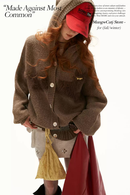 MAMC - Vintage Brown Cat Silhouette Hooded Knit Cardigan