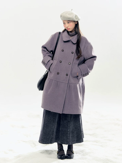 Horridale - "Winter Chime" Double-Breasted Quilted Wool-Blend Coat (Smoky Purple/ Ash Gray)