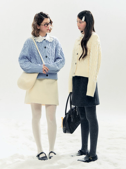 Horridale - "Cotton Mousse" Cable Knit Cardigan with Detachable Ruffle Collar (Cotton Blue/ Soft White)