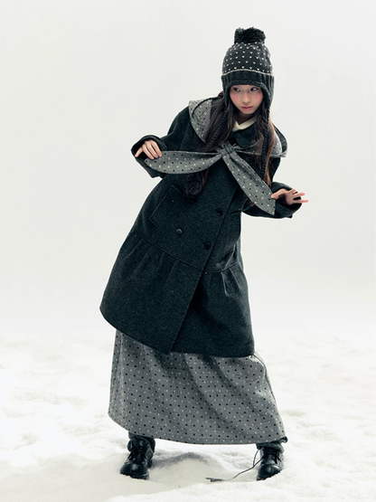 Horridale - "Winter Chime" Double-Breasted Quilted Wool-Blend Coat (Smoky Purple/ Ash Gray)