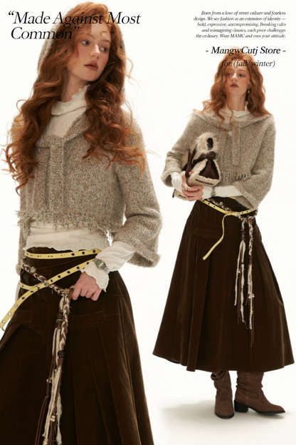 MAMC - Khaki Textured Hooded Knit Sweater with Flare Sleeves