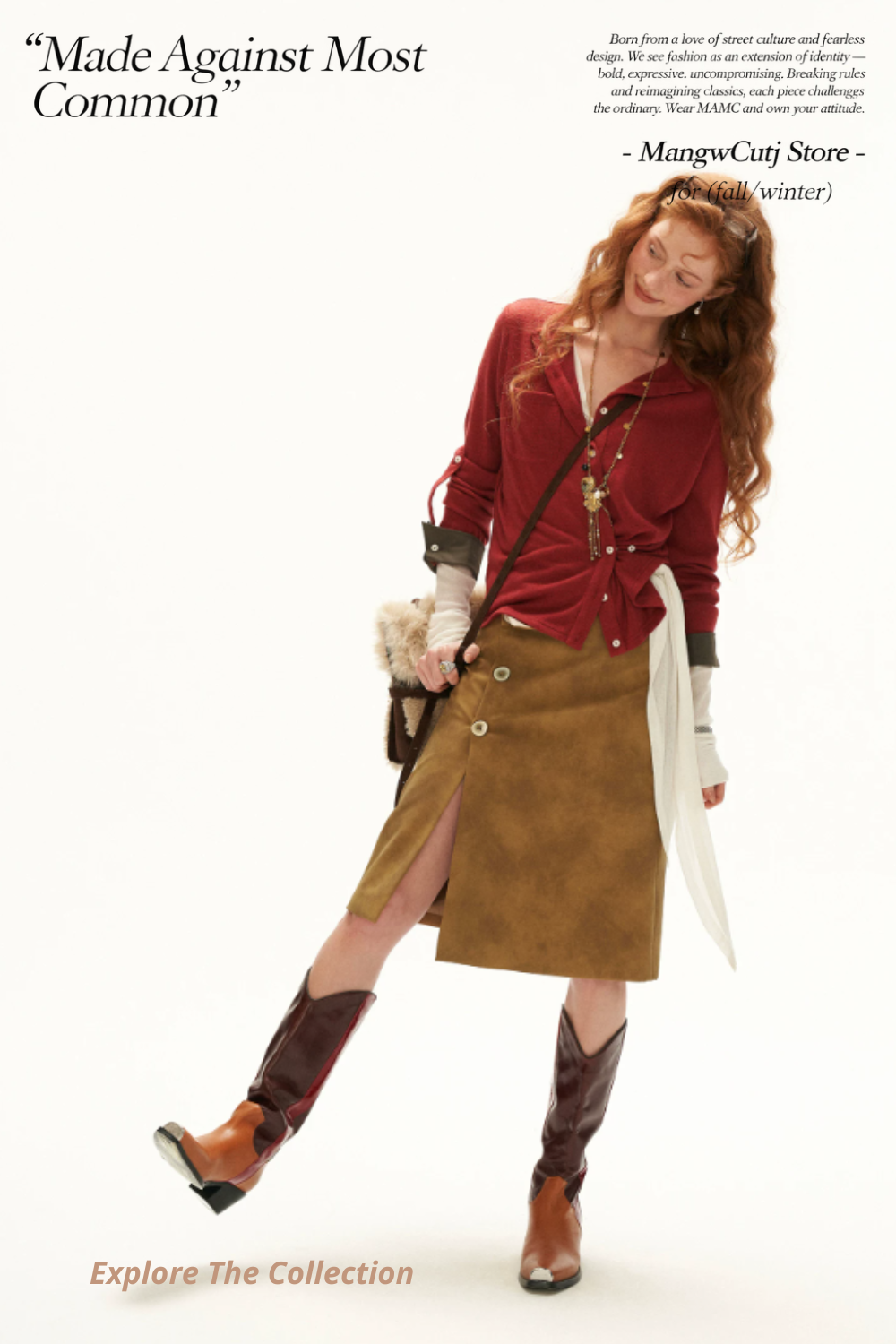 MAMC - Textured Wrap-Front Henley Waist-Defined Cardigan Top (Red / Brown)