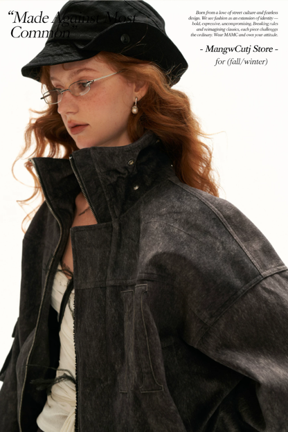 MAMC - Gray Faux-Horsehair Textured Cropped Jacket with Metal Snap Collar