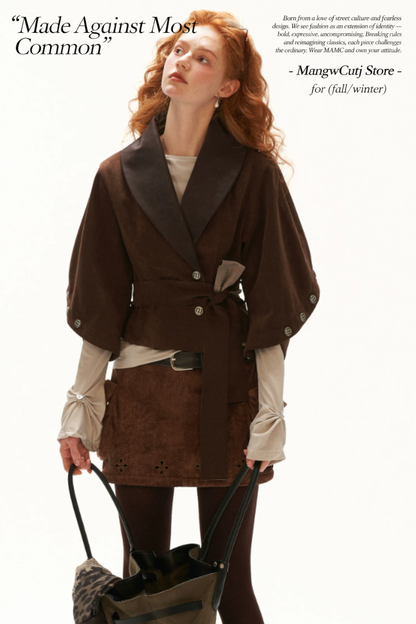 MAMC - Brown Faux Suede Cropped Jacket with Leather-Look Lapels and Belt
