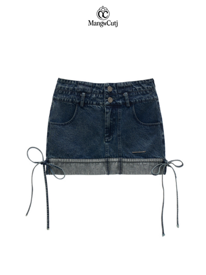 MAMC - Dual-Waist Drawstring Mini Skirt (Vintage Denim)