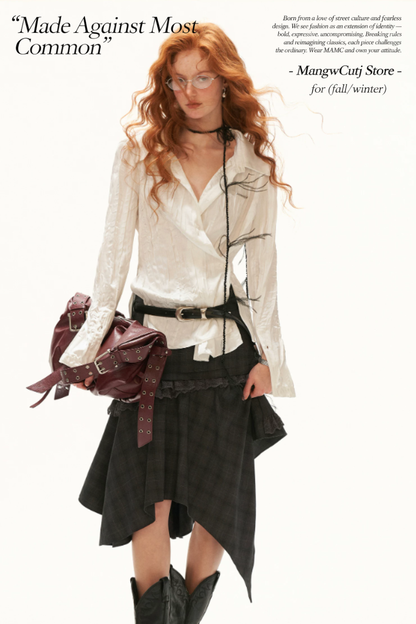 MAMC - White Textured Pleated Irregular-Collar Long Sleeve Shirt