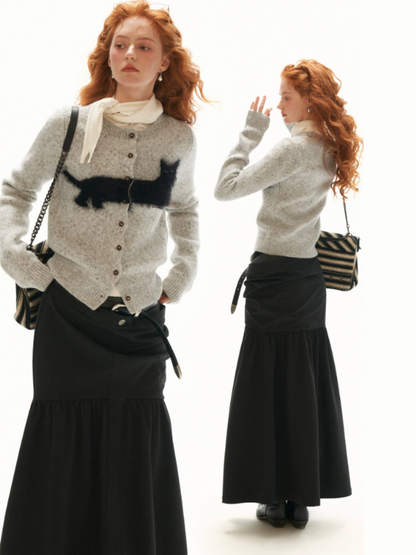 MAMC - Gray Fluffy Black Cat Jacquard Cropped Knit Cardigan
