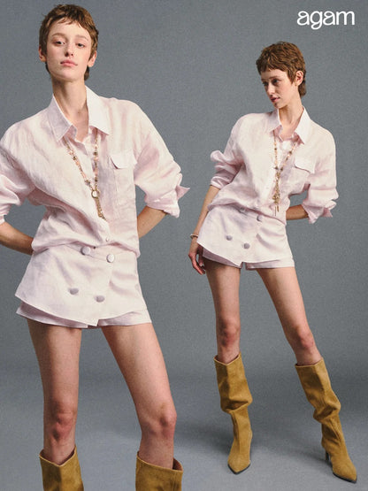 "Blush Breeze" Pink Linen Shirt & Layered A-Line Skort Set