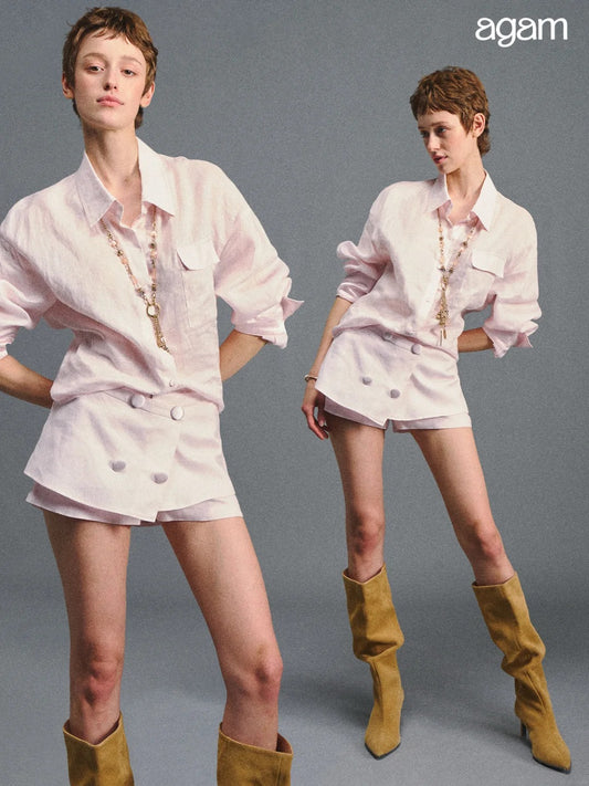 "Blush Breeze" Pink Linen Shirt & Layered A-Line Skort Set