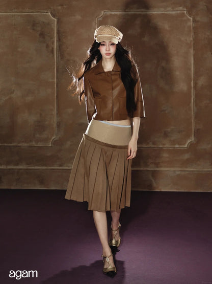 "Scholarly Muse" Khaki Faux Leather Jacket & Mixed-Media Pleated A-Line Skirt Set