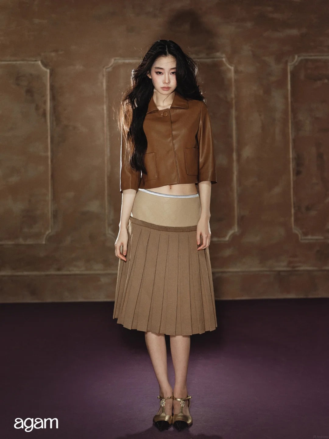 "Scholarly Muse" Khaki Faux Leather Jacket & Mixed-Media Pleated A-Line Skirt Set