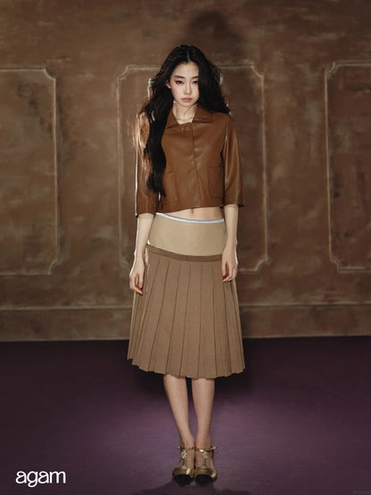"Scholarly Muse" Khaki Faux Leather Jacket & Mixed-Media Pleated A-Line Skirt Set