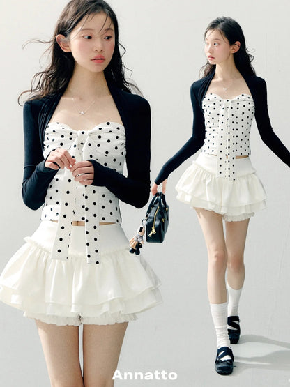 ANNATTO - Polka Dot Lyocell Faux Two-Piece Long Sleeve Top & White Skirt Set