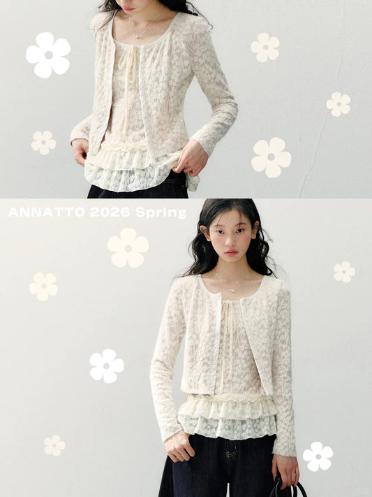 ANNATTO - Beige Apricot Faux Two-Piece Lace Long Sleeve Top & Blue Denim Pants Set