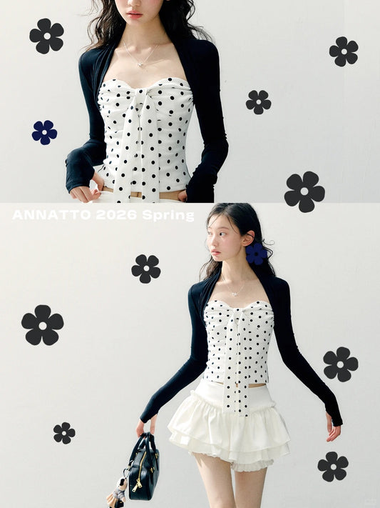 ANNATTO - Polka Dot Lyocell Faux Two-Piece Long Sleeve Top & White Skirt Set