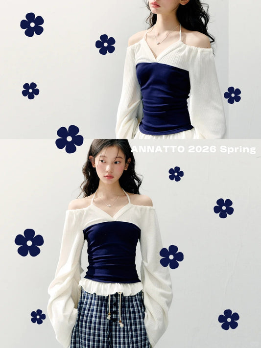 ANNATTO - Spring Navy & Ivory Off-Shoulder Knit Top & Plaid Pants Set