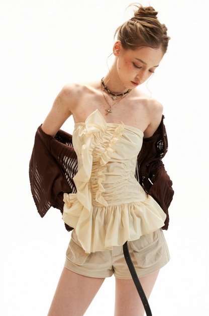 Asymmetrical Peplum Tube Cami Top (Black/ Grey/ Beige)