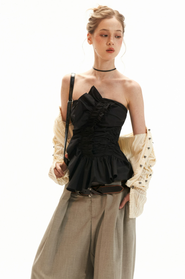 Asymmetrical Peplum Tube Cami Top (Black/ Grey/ Beige)