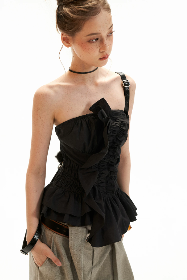 Asymmetrical Peplum Tube Cami Top (Black/ Grey/ Beige)