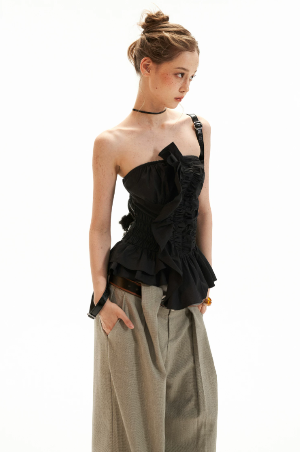 Asymmetrical Peplum Tube Cami Top (Black/ Grey/ Beige)