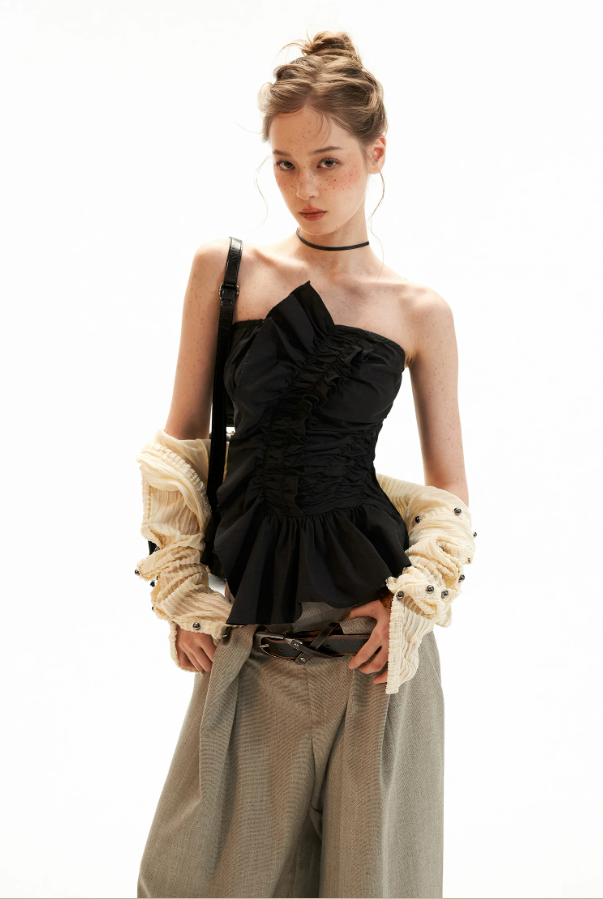 Asymmetrical Peplum Tube Cami Top (Black/ Grey/ Beige)