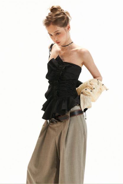 Asymmetrical Peplum Tube Cami Top (Black/ Grey/ Beige)