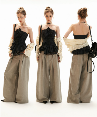 Asymmetrical Peplum Tube Cami Top (Black/ Grey/ Beige)