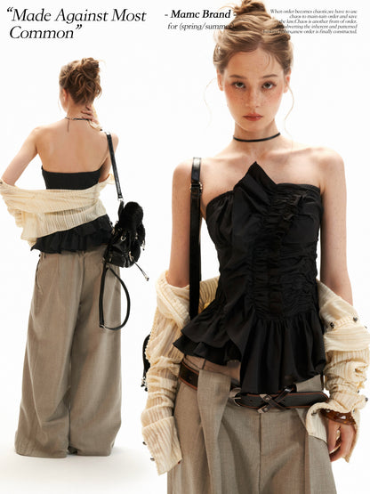 Asymmetrical Peplum Tube Cami Top (Black/ Grey/ Beige)