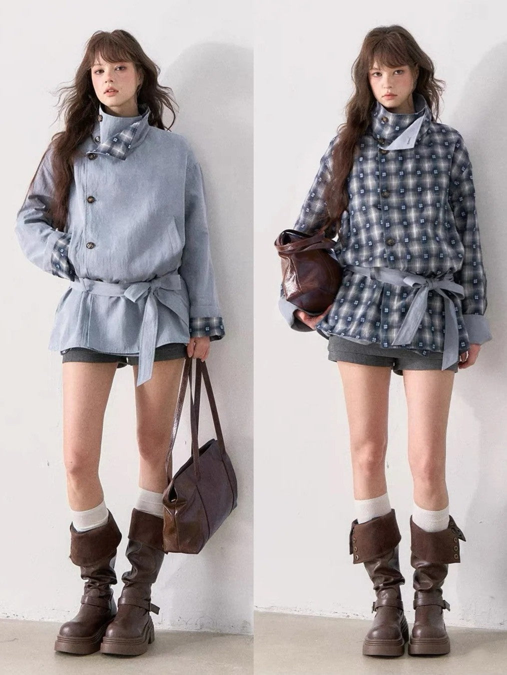 [TMMG] French Stand Collar Reversible Plaid Waist-Cinched Trench Coat (Morning Mist Blue)