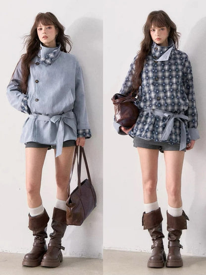 [TMMG] French Stand Collar Reversible Plaid Waist-Cinched Trench Coat (Morning Mist Blue)