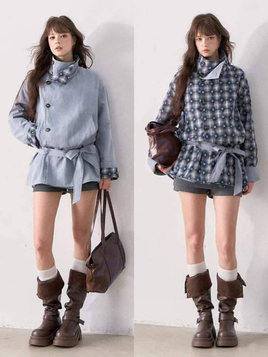 [TMMG] French Stand Collar Reversible Plaid Waist-Cinched Trench Coat (Morning Mist Blue)
