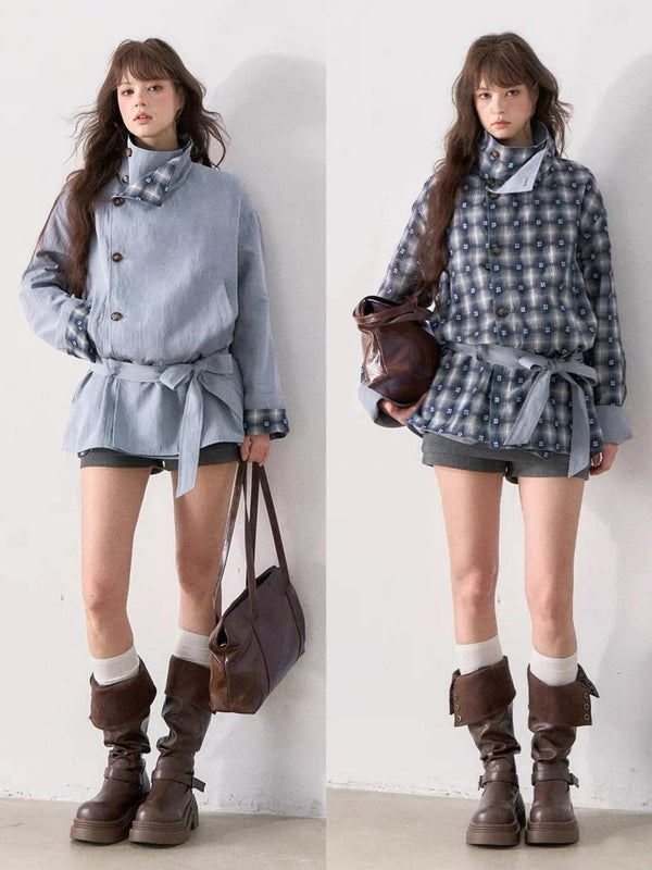 [TMMG] French Stand Collar Reversible Plaid Waist-Cinched Trench Coat (Morning Mist Blue)
