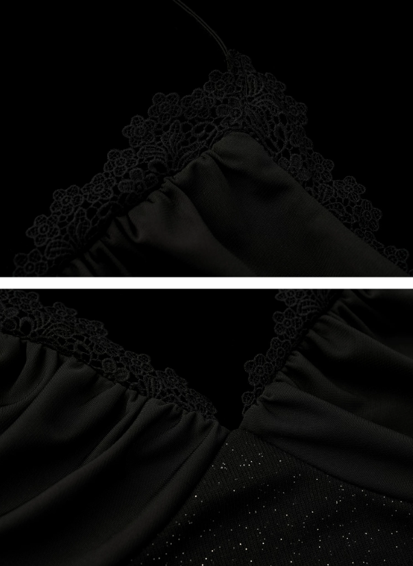 Black Stardust Lace Halter Ruched Cami Top