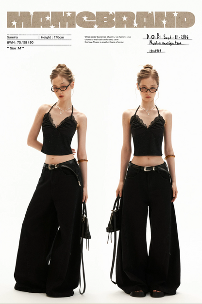 Black Stardust Lace Halter Ruched Cami Top
