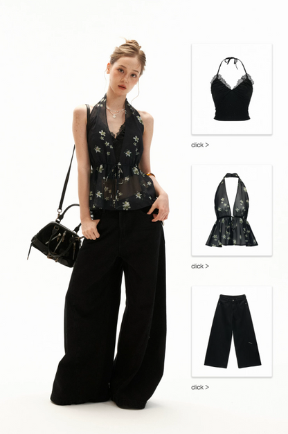 Black Stardust Lace Halter Ruched Cami Top