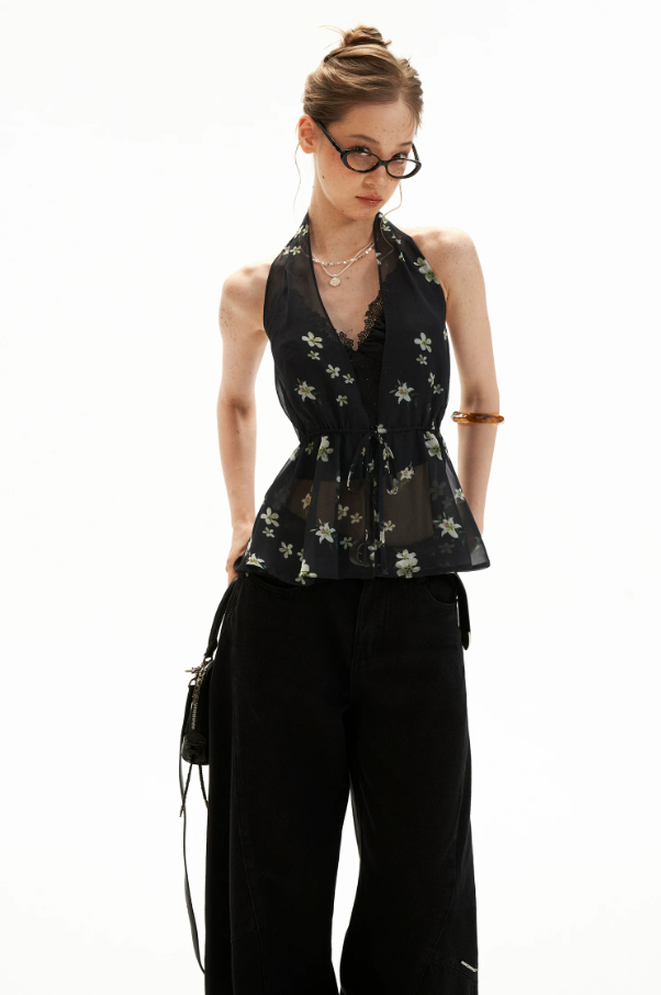 Black Stardust Lace Halter Ruched Cami Top