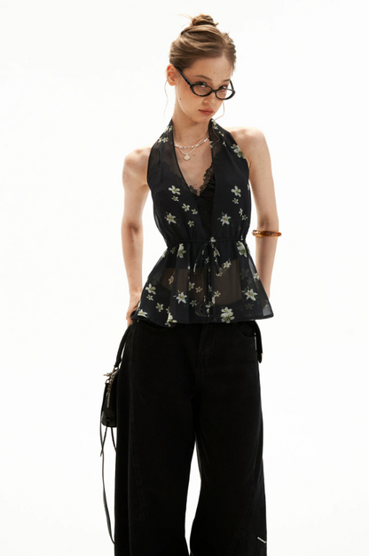 Black Stardust Lace Halter Ruched Cami Top