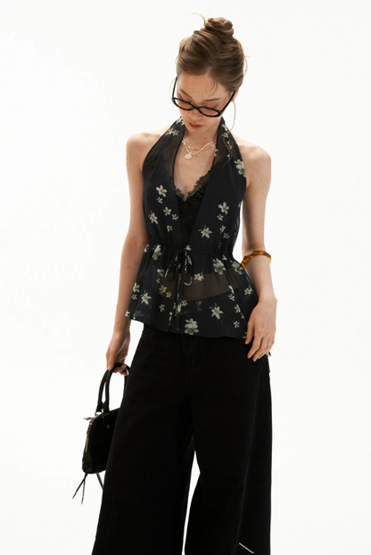 Black Stardust Lace Halter Ruched Cami Top