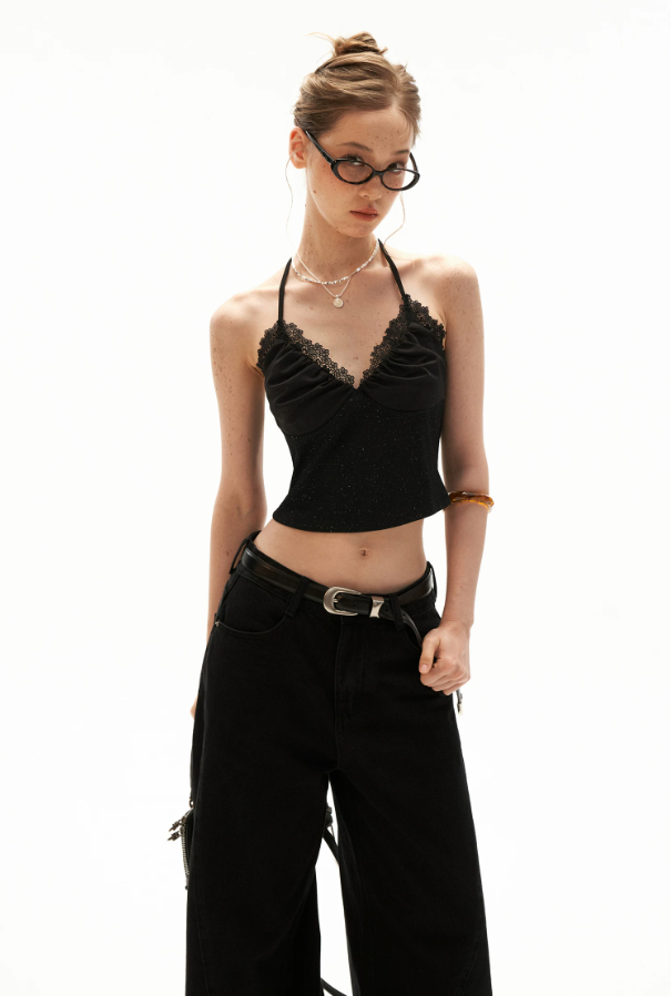 Black Stardust Lace Halter Ruched Cami Top